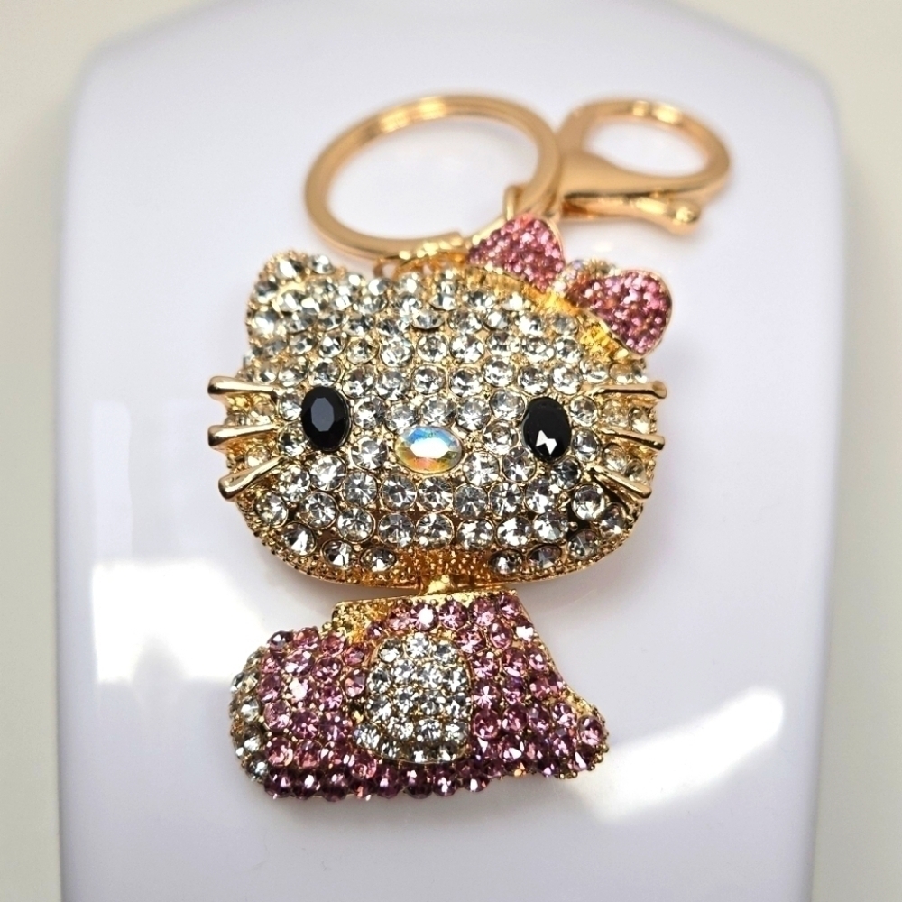 Hello Kitty Rhinestone Keychain Pink and Gold Tone